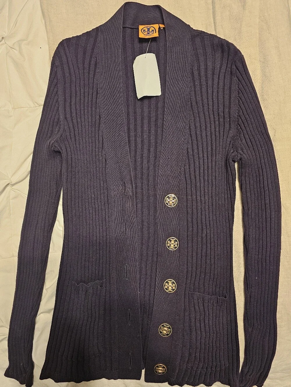Tory Burch Ribbed Simone Cardigan Navy